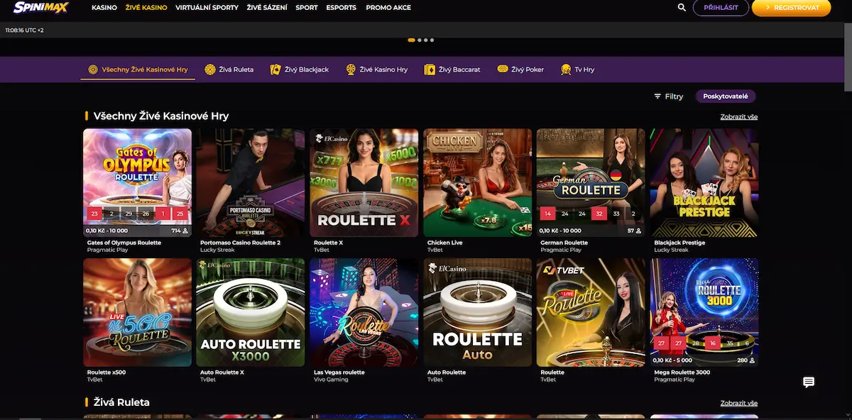 Živé kasino Spinimax s nabídkou rulety, blackjacku a baccaratu od Evolution Gaming