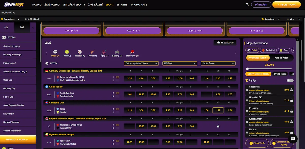 Sportovní sázení Spinimax s živými kurzy na fotbal, tenis a esport